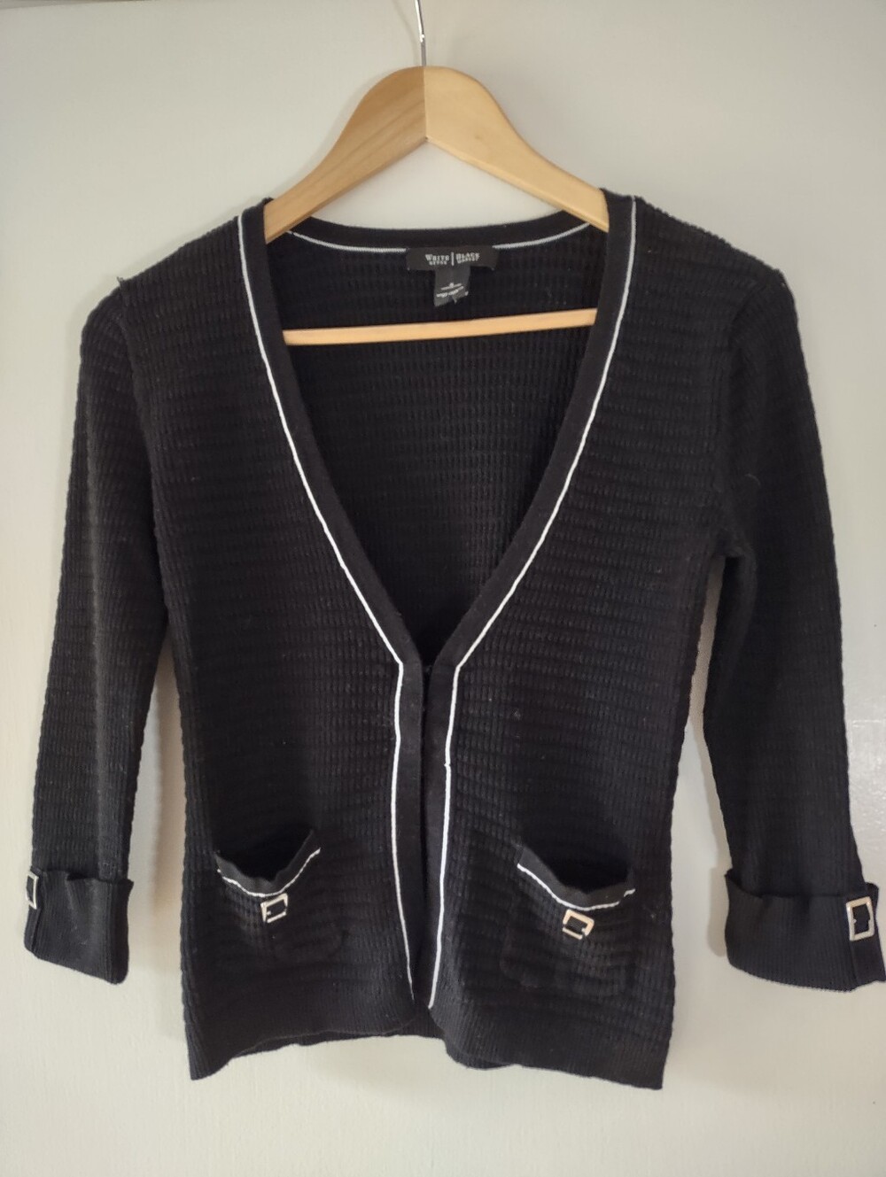 White House Black Market WHBM Black Ribbed Knit Cardigan Sweater Buckle Detail S